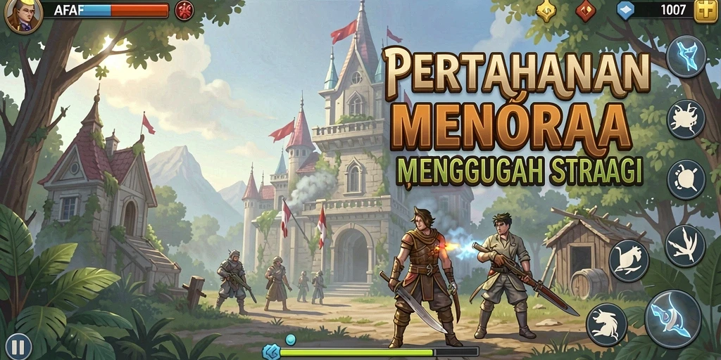 Screenshot utama AFAF menampilkan aksi menara pertahanan yang seru.