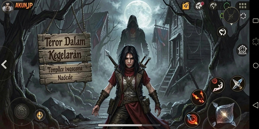 Tangkapan layar gameplay AKUNJP memperlihatkan suasana horror yang mencekam.