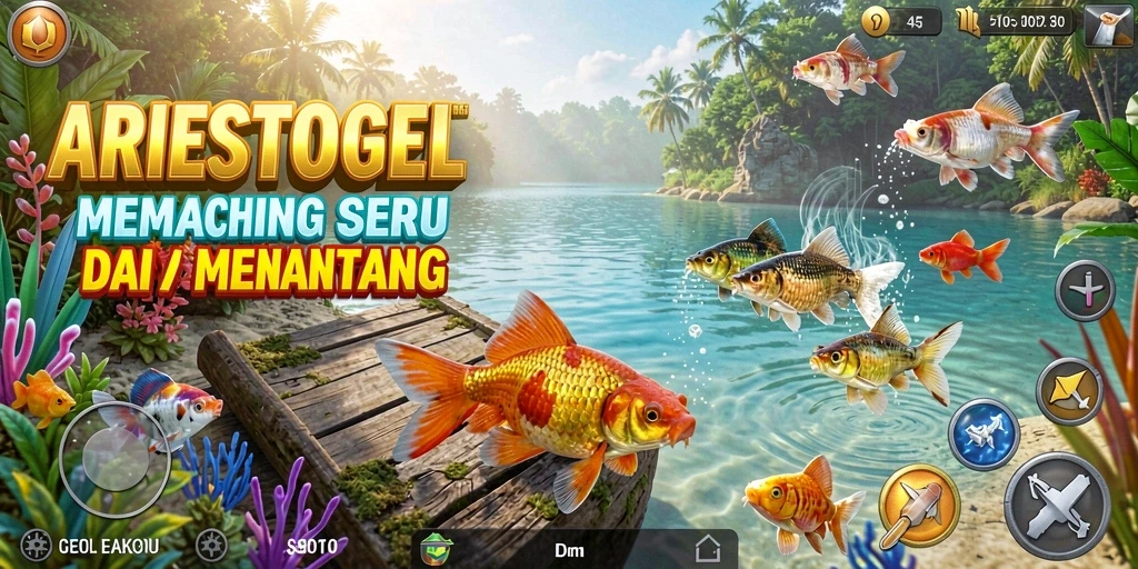 Tampilan menarik dari gameplay ARIESTOGEL saat memancing di lokasi indah.