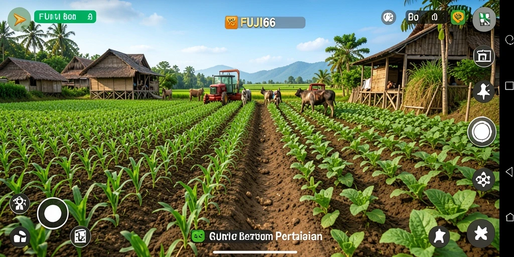 Screenshot gameplay FUJI66 menunjukkan ladang yang subur dan berwarna-warni.