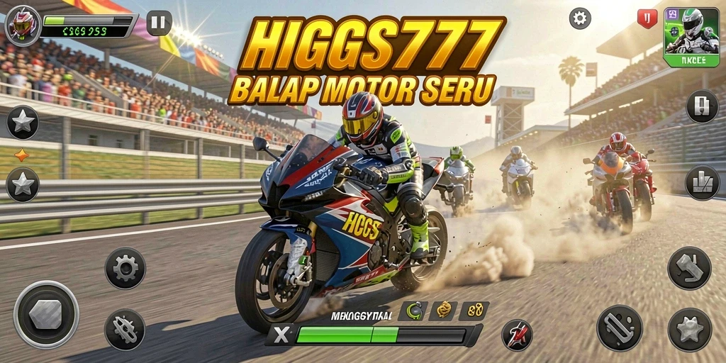 Tampilan gameplay HIGGS777 yang penuh aksi saat balap motor.