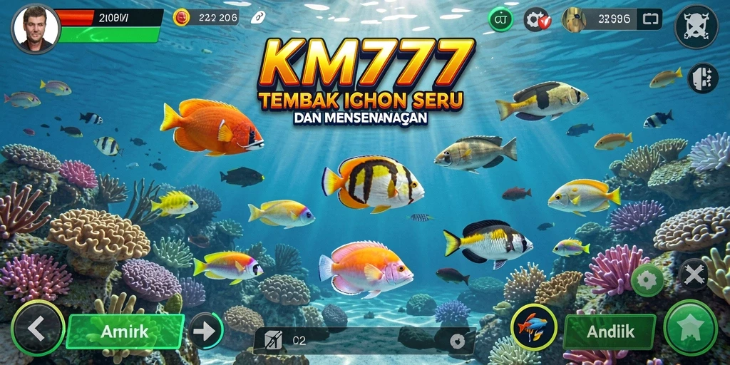 Screenshot gameplay KM777 dengan aksi menembak ikan yang menarik.