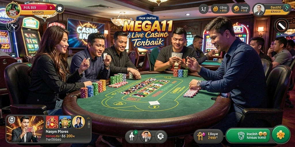 Screenshot gameplay MEGA111 menampilkan dealer langsung dan suasana kasino yang menarik.