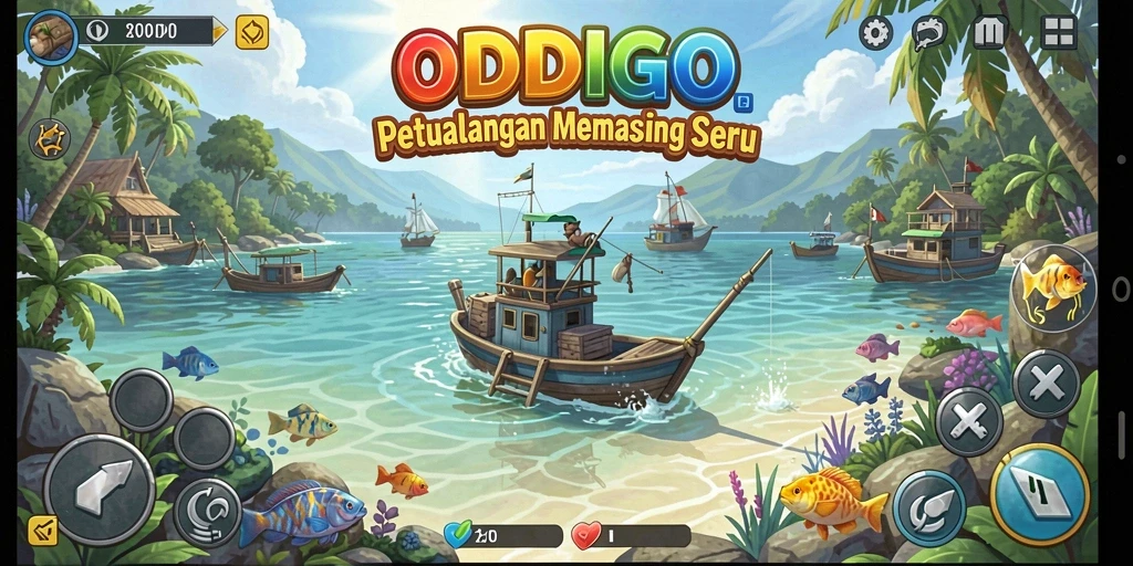 Tampilan gameplay ODDIGO dengan suasana memancing yang tenang.