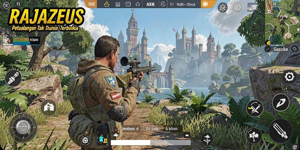 Tampilan gameplay RAJAZEUS menampilkan eksplorasi dunia terbuka yang menakjubkan.