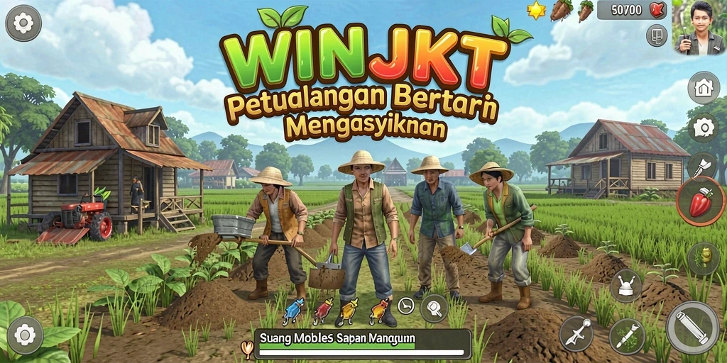 Screenshot dari gameplay <strong>WINJKT</strong> menampilkan aktivitas bertani yang seru.