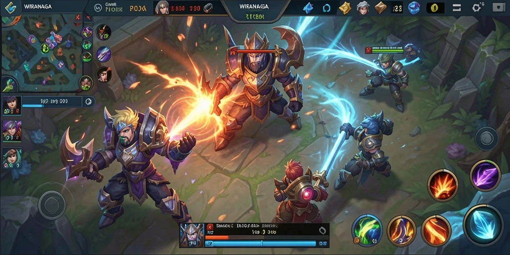 Screenshot gameplay WIRANAGA menampilkan aksi pertempuran tim yang seru.